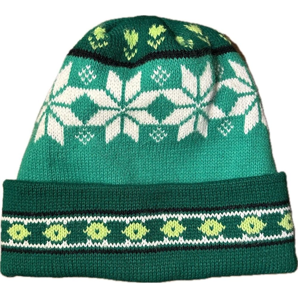 Vintage Unbranded Green Snowflake Tulip Unisex OS Ski Cap Beanie Knitted